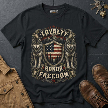 Loyalty Honor Freedom Wolf Graphic Tee – Patriotic American T-Shirt