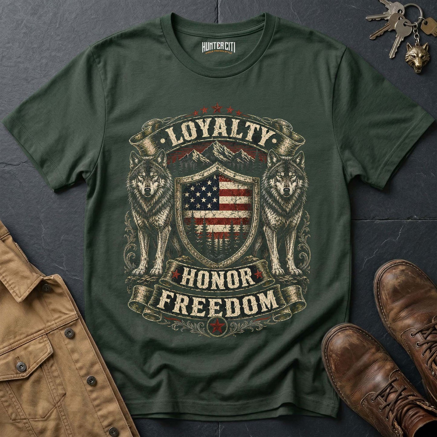 Loyalty Honor Freedom Wolf Graphic Tee – Patriotic American T-Shirt