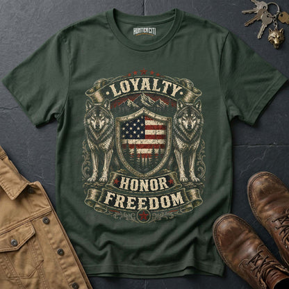 Loyalty Honor Freedom Wolf Graphic Tee – Patriotic American T-Shirt