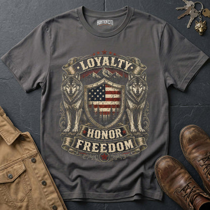 Loyalty Honor Freedom Wolf Graphic Tee – Patriotic American T-Shirt
