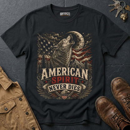 American Spirit Never Dies Wolf Graphic Tee – Patriotic American T-Shirt