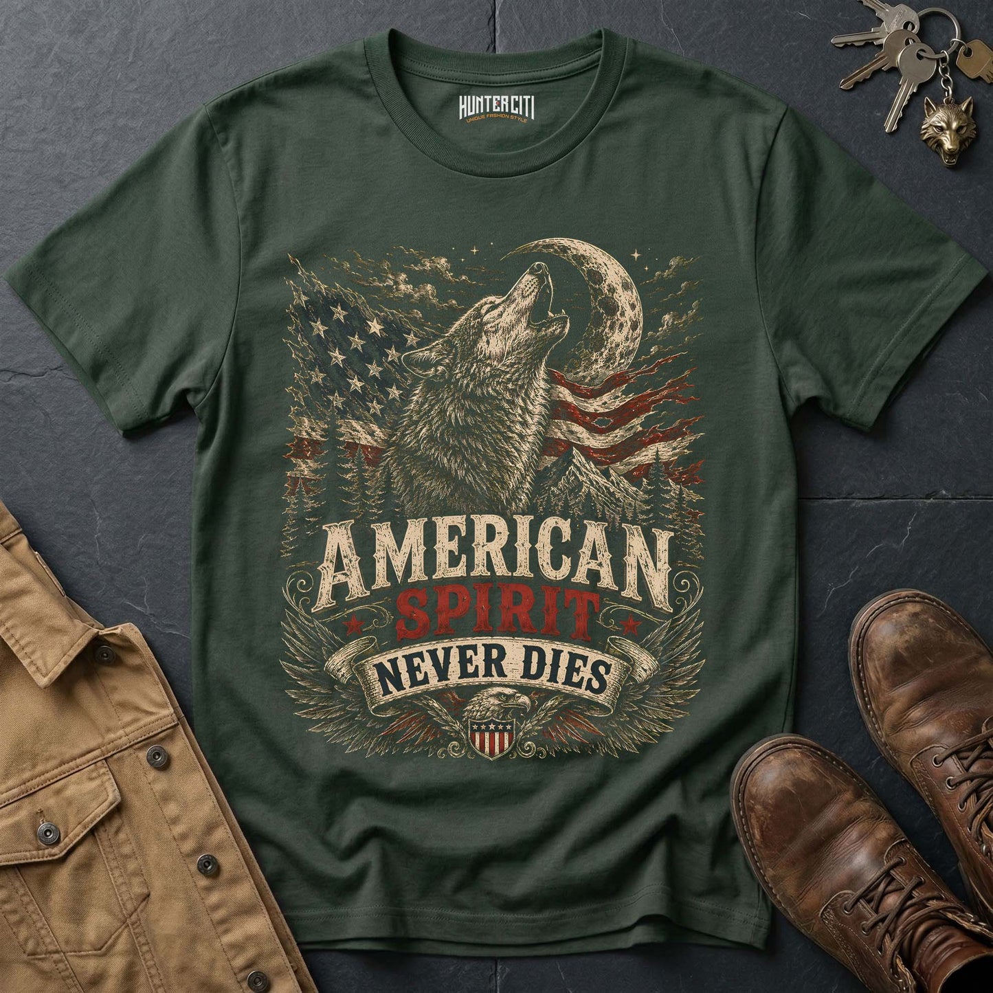 American Spirit Never Dies Wolf Graphic Tee – Patriotic American T-Shirt