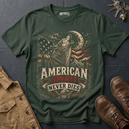 American Spirit Never Dies Wolf Graphic Tee – Patriotic American T-Shirt