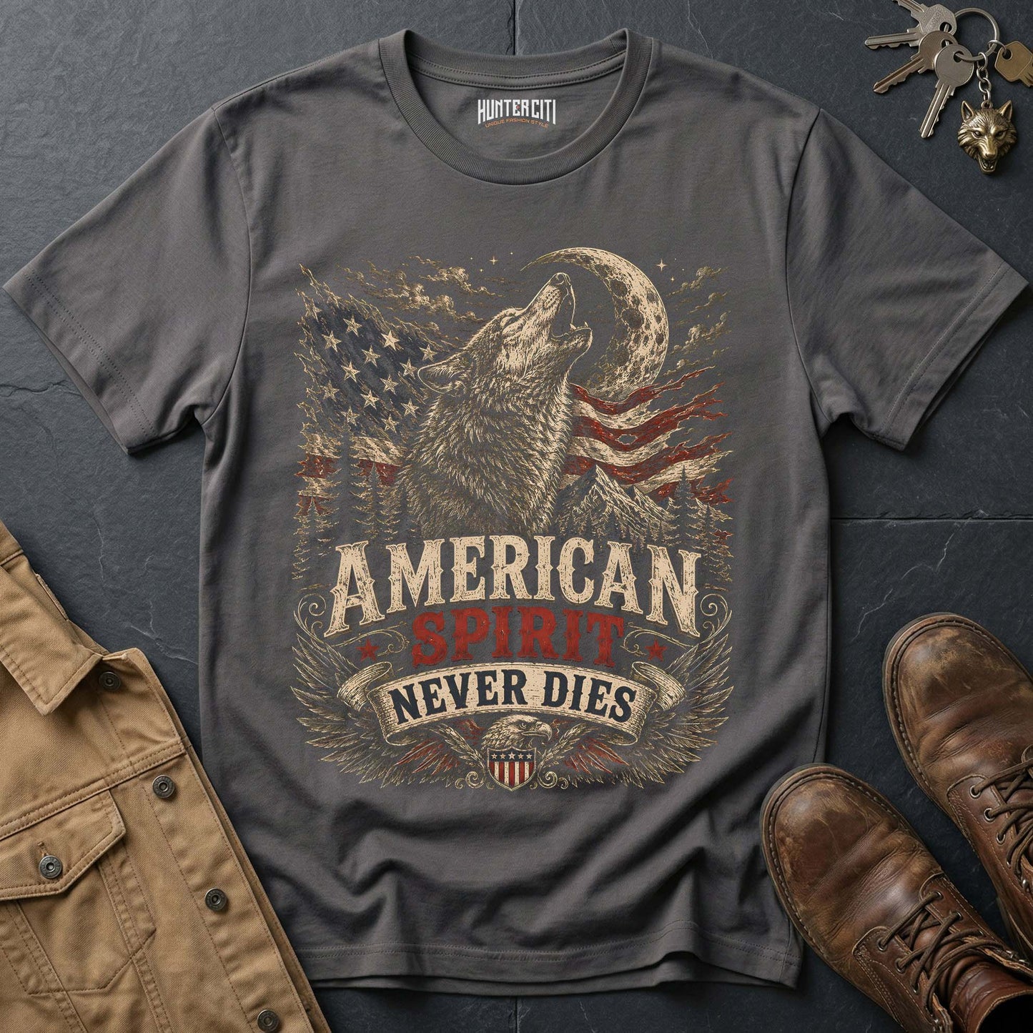 American Spirit Never Dies Wolf Graphic Tee – Patriotic American T-Shirt