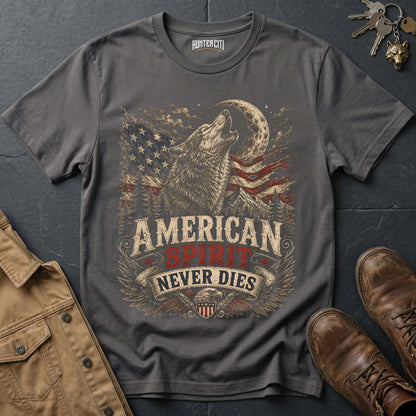 American Spirit Never Dies Wolf Graphic Tee – Patriotic American T-Shirt