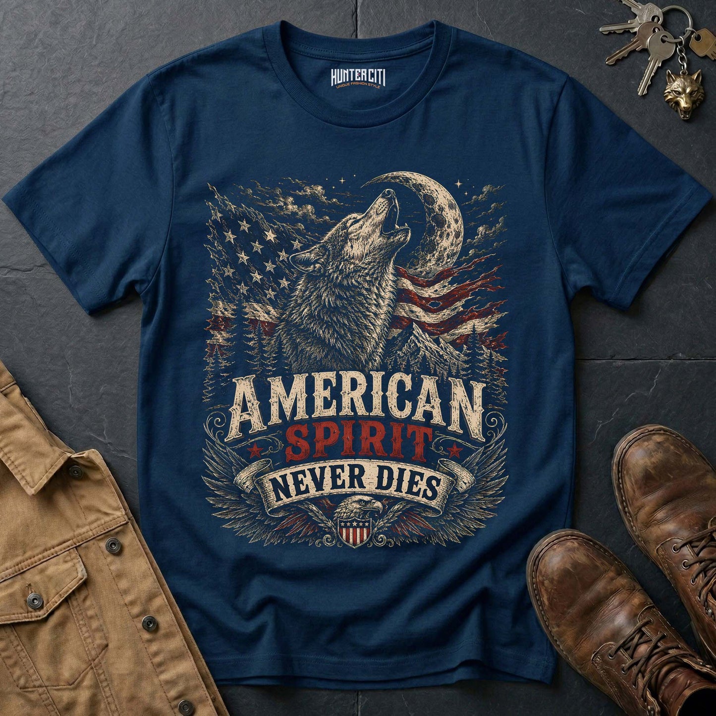 American Spirit Never Dies Wolf Graphic Tee – Patriotic American T-Shirt