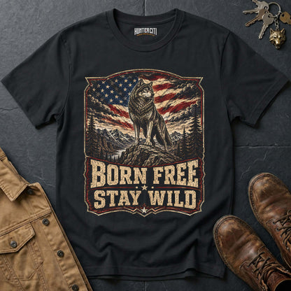 Born Free Stay Wild Wolf Graphic Tee – Patriotic American T-Shirt