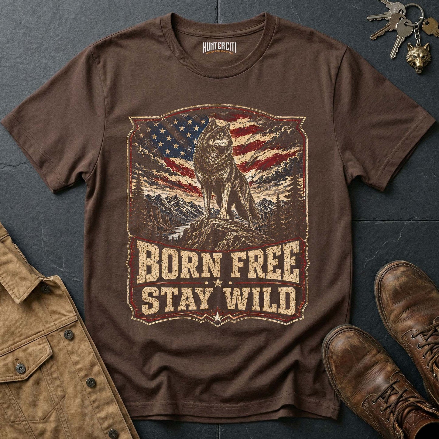 Born Free Stay Wild Wolf Graphic Tee – Patriotic American T-Shirt