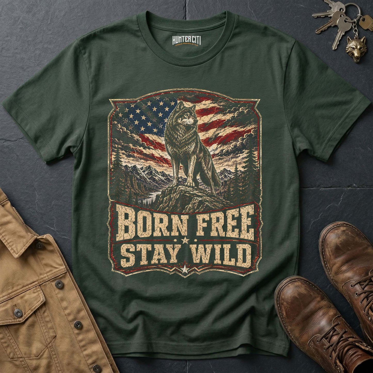 Born Free Stay Wild Wolf Graphic Tee – Patriotic American T-Shirt