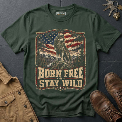 Born Free Stay Wild Wolf Graphic Tee – Patriotic American T-Shirt