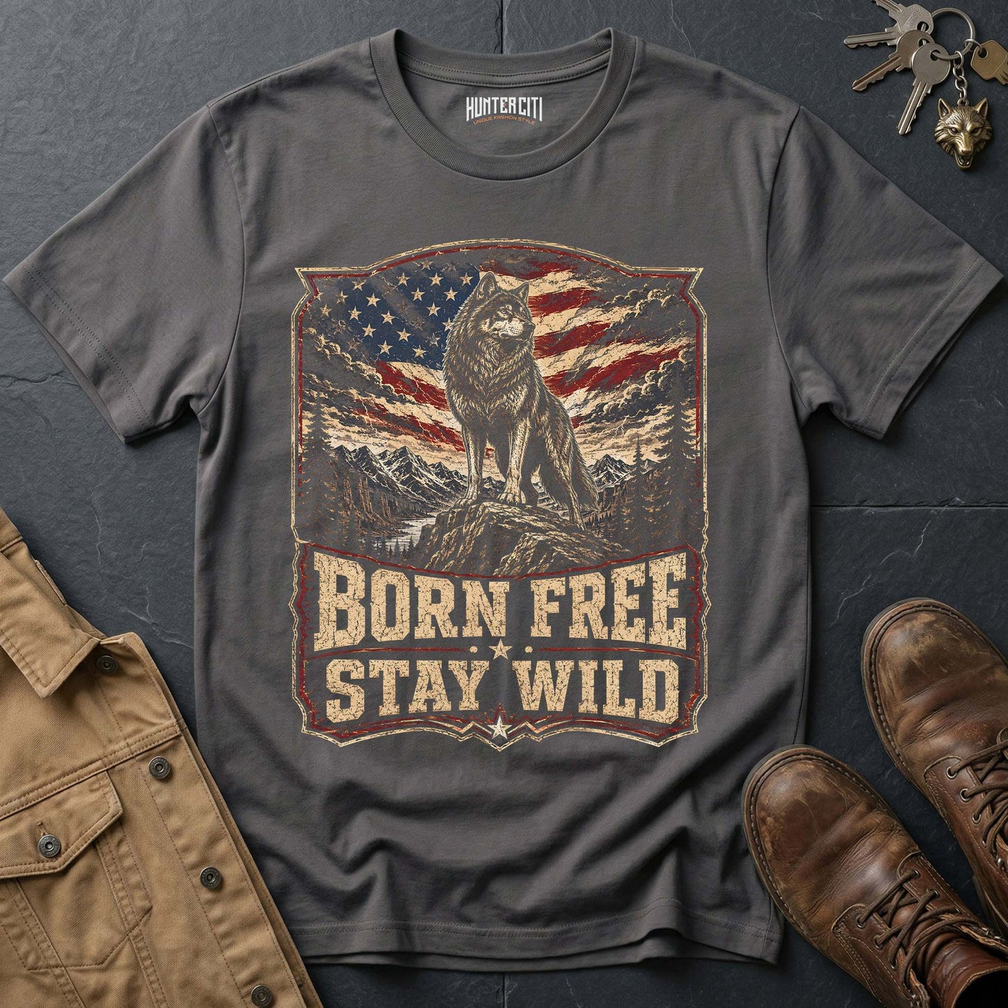 Born Free Stay Wild Wolf Graphic Tee – Patriotic American T-Shirt