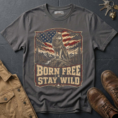Born Free Stay Wild Wolf Graphic Tee – Patriotic American T-Shirt