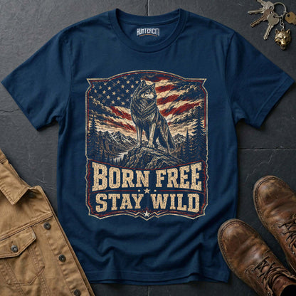 Born Free Stay Wild Wolf Graphic Tee – Patriotic American T-Shirt