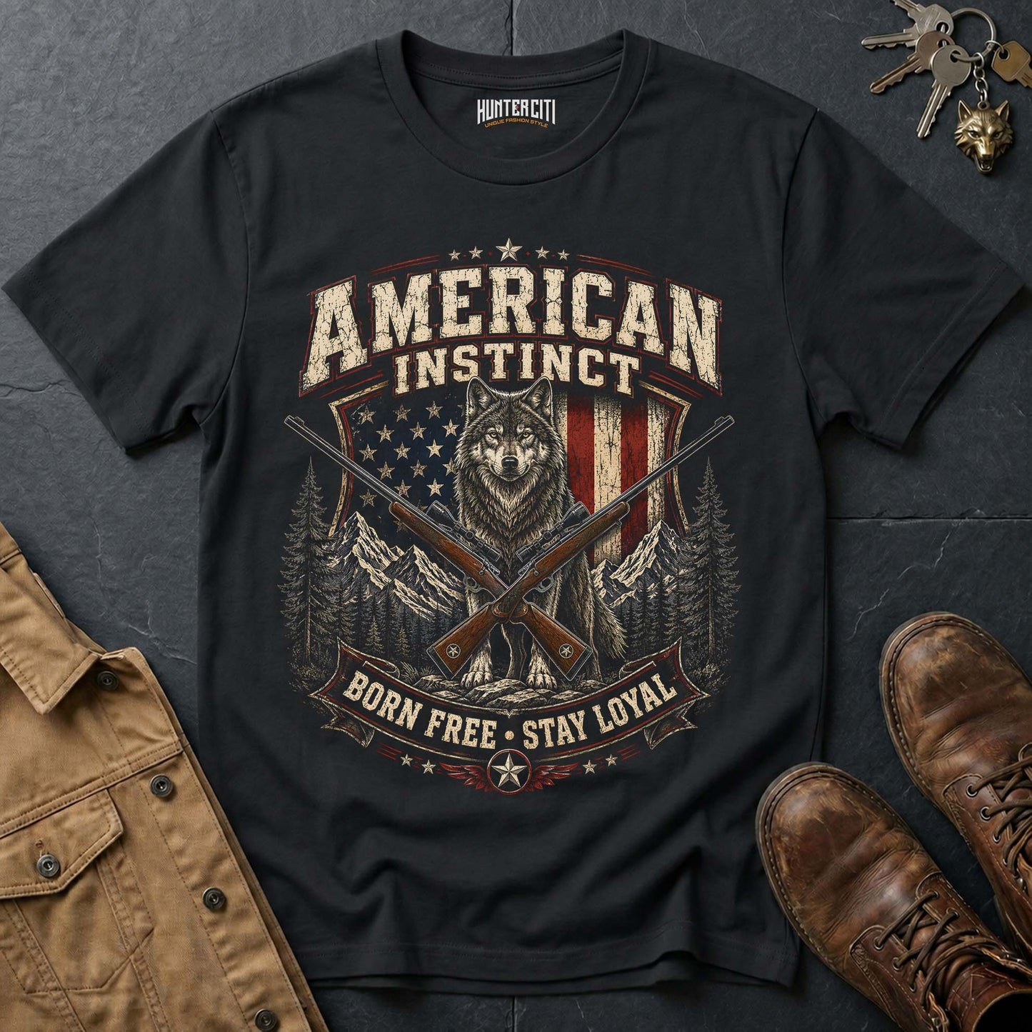 American Instinct Born Free Stay Loyal Wolf Graphic Tee – Patriotic American T-Shirt