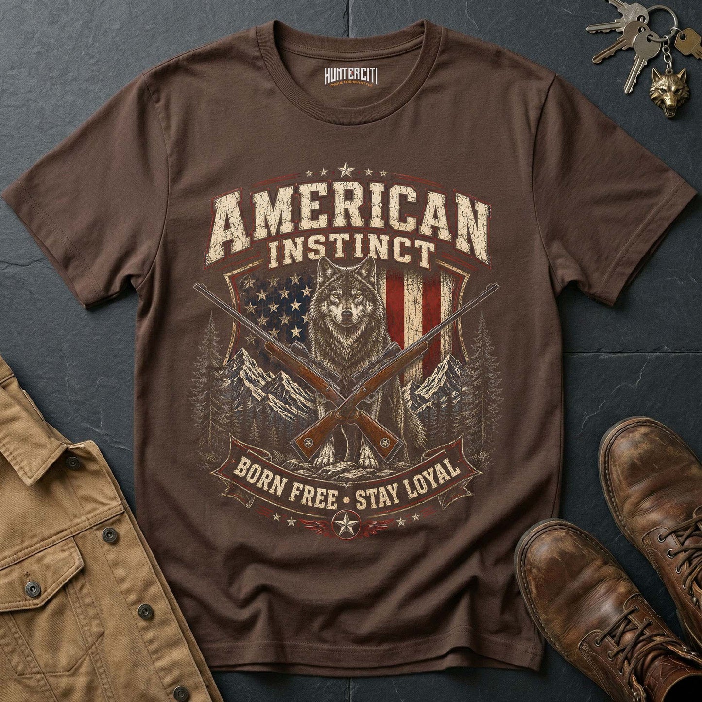 American Instinct Born Free Stay Loyal Wolf Graphic Tee – Patriotic American T-Shirt