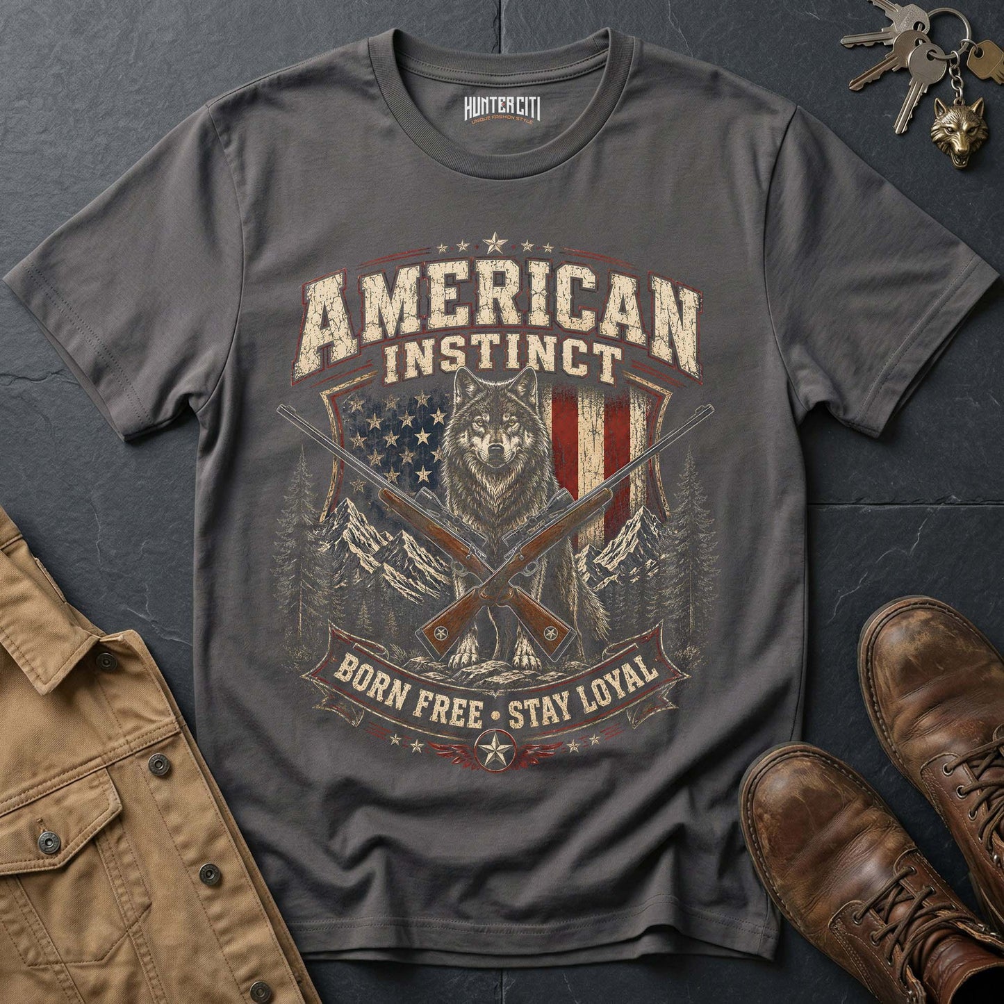 American Instinct Born Free Stay Loyal Wolf Graphic Tee – Patriotic American T-Shirt