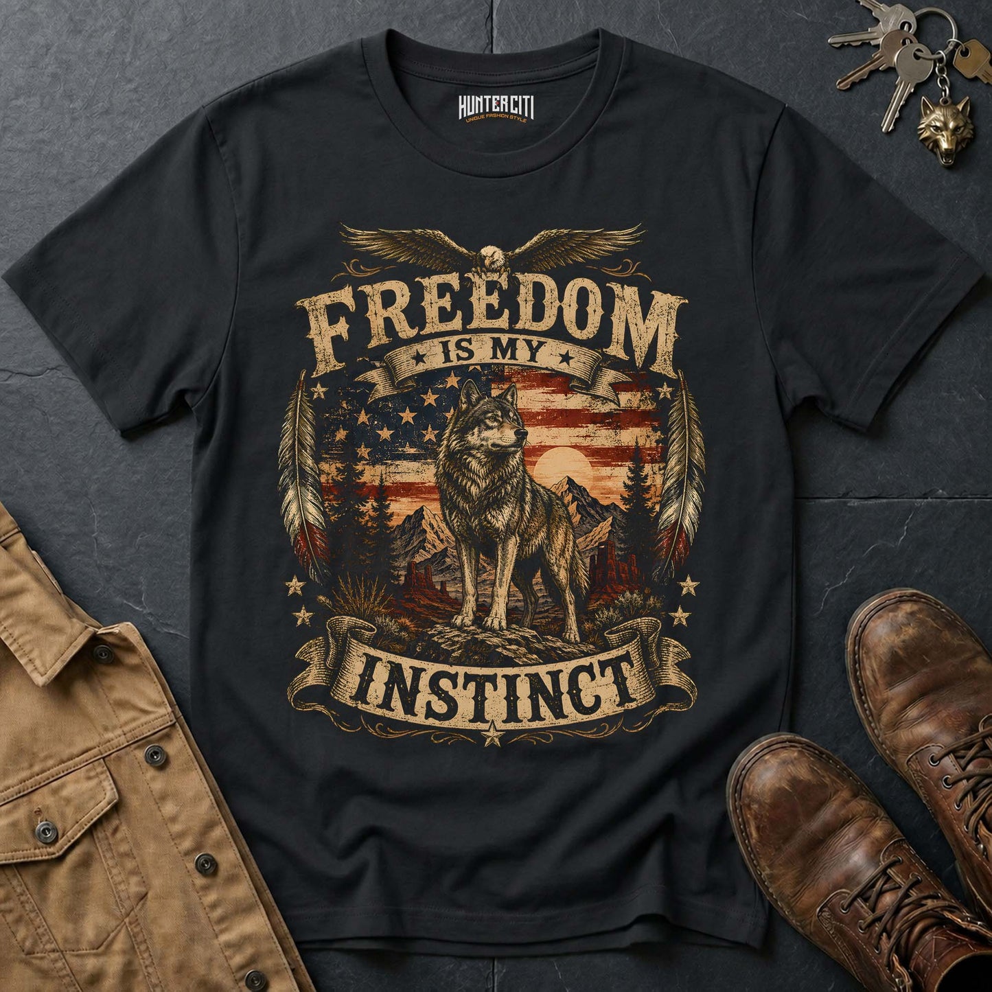 Freedom Is My Instinct American Wolf T-Shirt -  Patriotic Wolf Graphic Tee USA Gift for Men