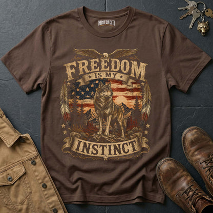 Freedom Is My Instinct American Wolf T-Shirt -  Patriotic Wolf Graphic Tee USA Gift for Men
