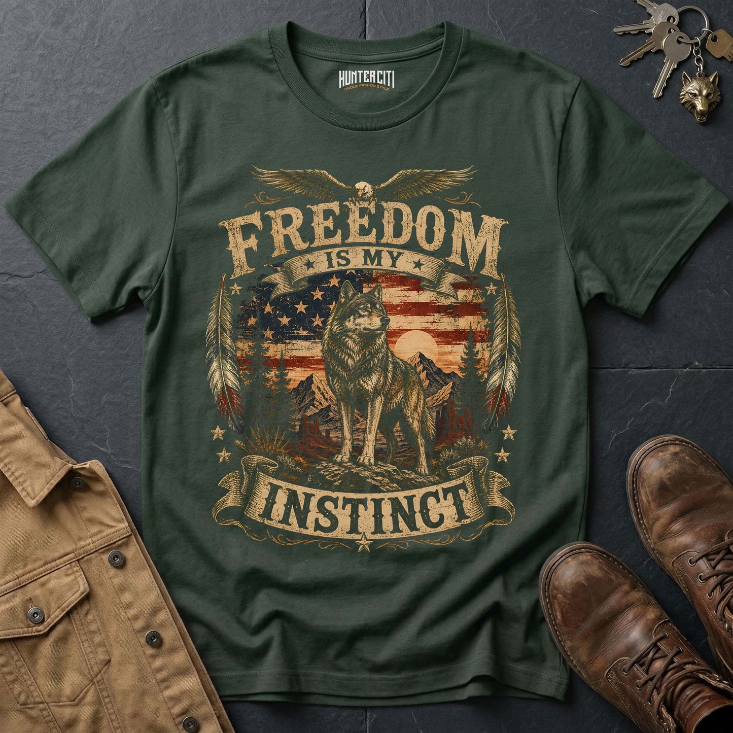 Freedom Is My Instinct American Wolf T-Shirt -  Patriotic Wolf Graphic Tee USA Gift for Men