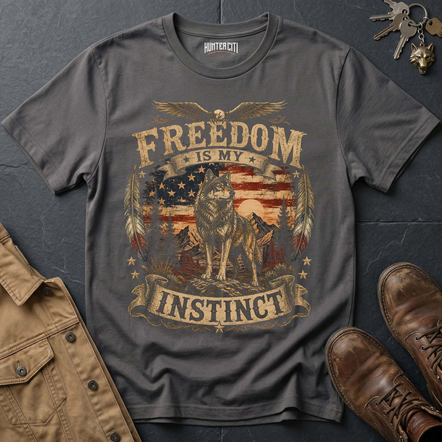 Freedom Is My Instinct American Wolf T-Shirt -  Patriotic Wolf Graphic Tee USA Gift for Men