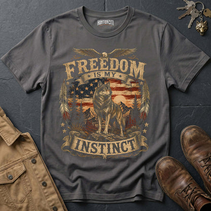 Freedom Is My Instinct American Wolf T-Shirt -  Patriotic Wolf Graphic Tee USA Gift for Men