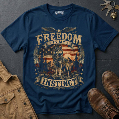 Freedom Is My Instinct American Wolf T-Shirt -  Patriotic Wolf Graphic Tee USA Gift for Men