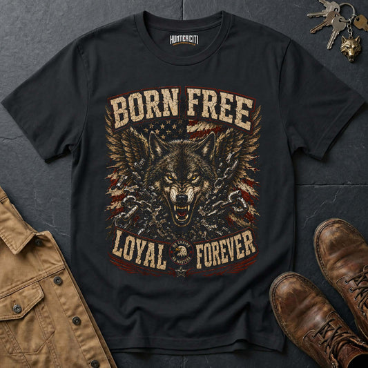 Born Free Loyal Forever Wolf Graphic Tee – Patriotic American T-Shirt