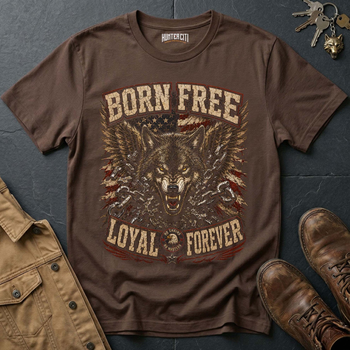 Born Free Loyal Forever Wolf Graphic Tee – Patriotic American T-Shirt