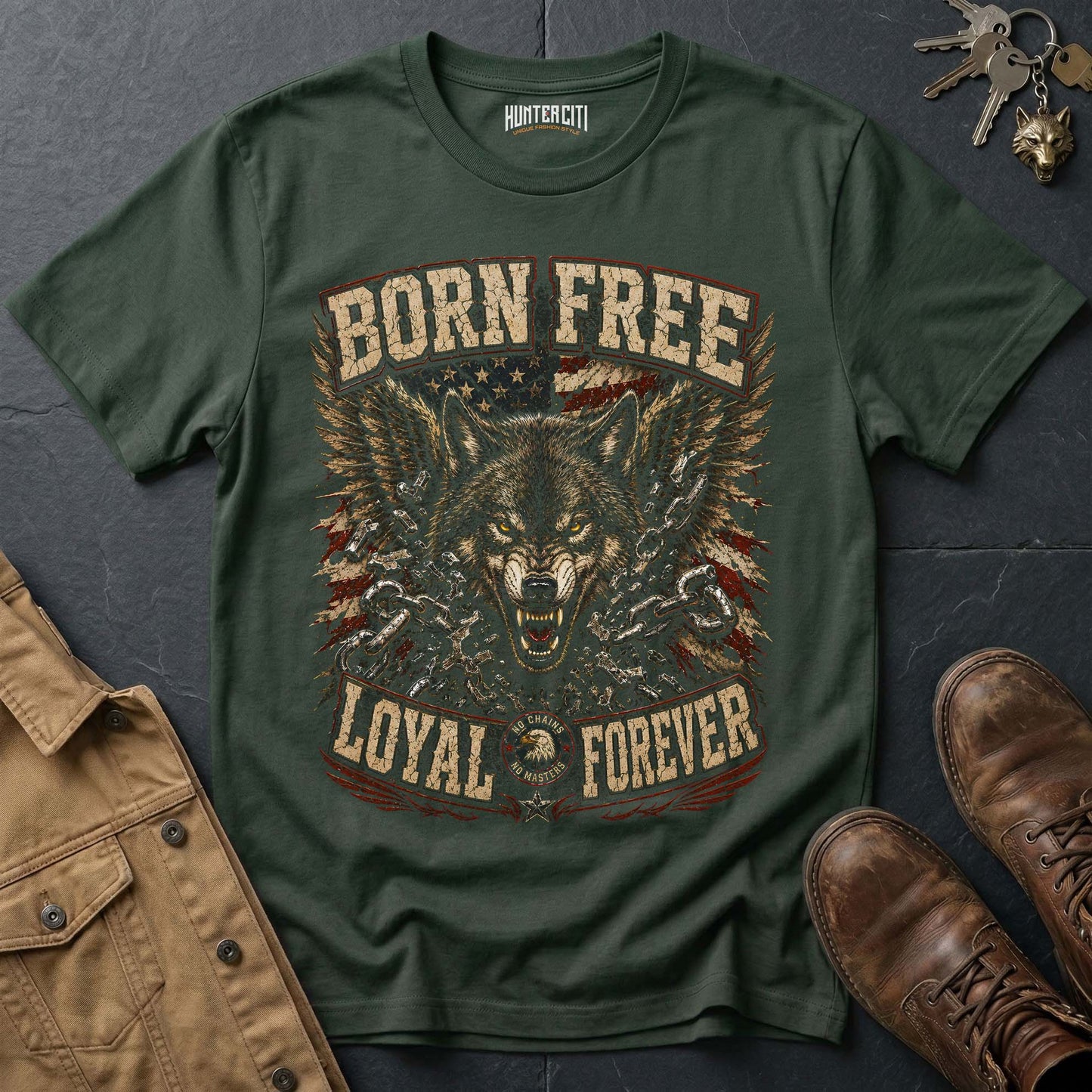 Born Free Loyal Forever Wolf Graphic Tee – Patriotic American T-Shirt