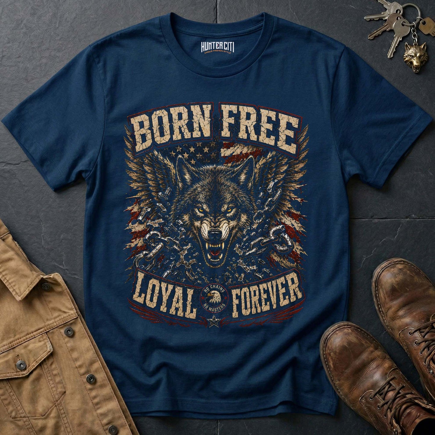 Born Free Loyal Forever Wolf Graphic Tee – Patriotic American T-Shirt