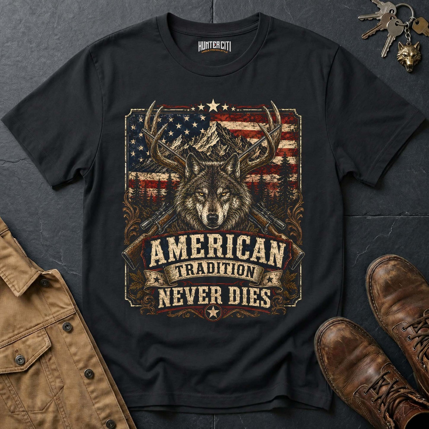 American Tradition Never Dies Wolf Graphic Tee – Patriotic American T-Shirt