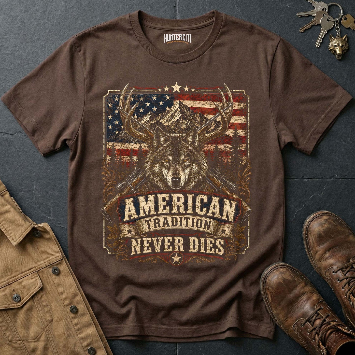 American Tradition Never Dies Wolf Graphic Tee – Patriotic American T-Shirt
