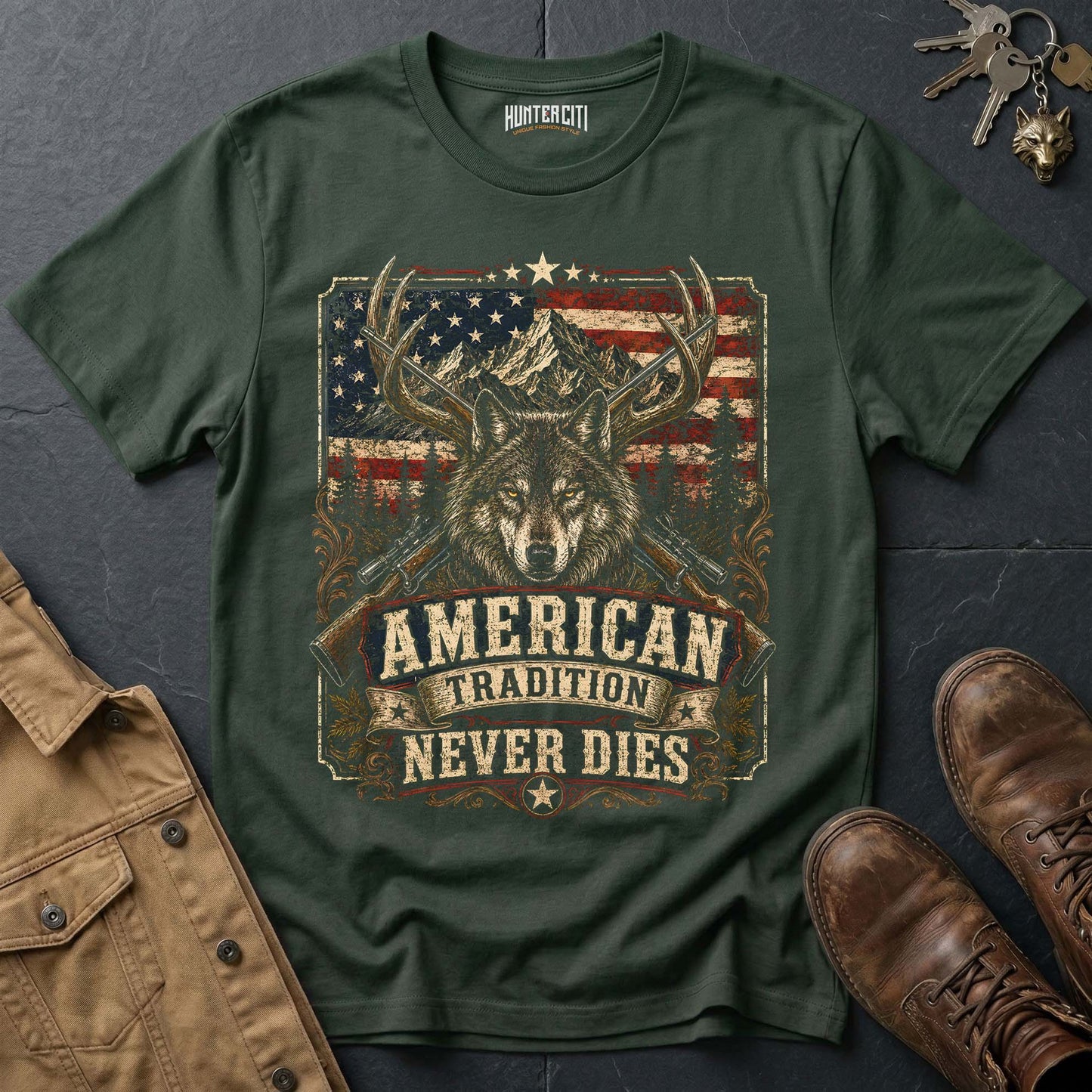 American Tradition Never Dies Wolf Graphic Tee – Patriotic American T-Shirt
