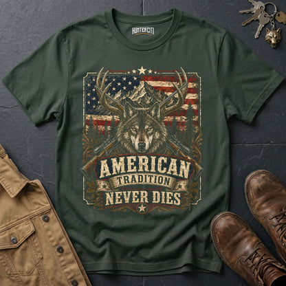 American Tradition Never Dies Wolf Graphic Tee – Patriotic American T-Shirt