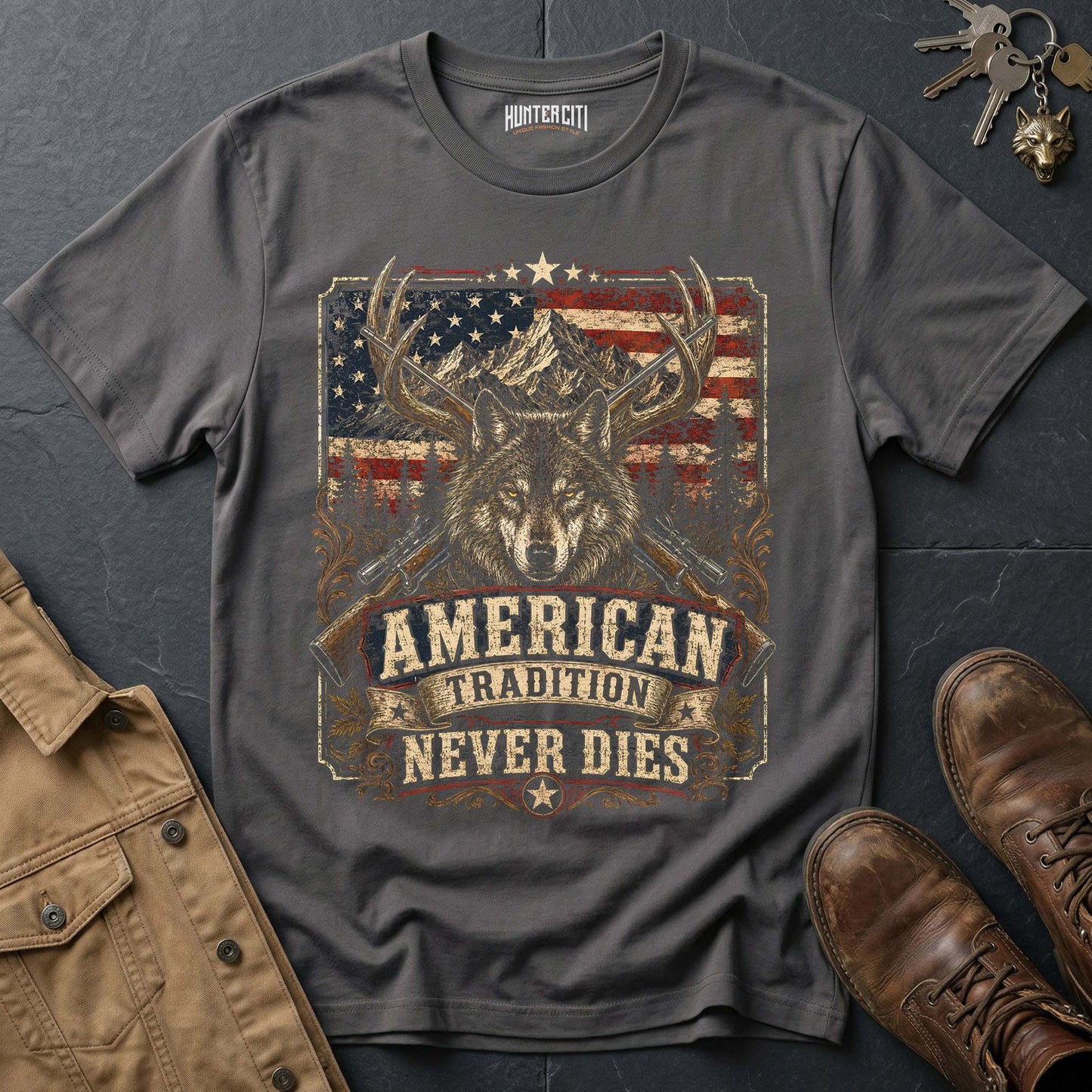 American Tradition Never Dies Wolf Graphic Tee – Patriotic American T-Shirt