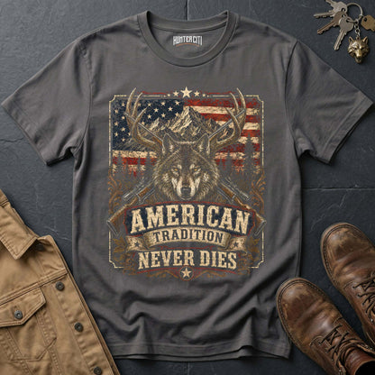 American Tradition Never Dies Wolf Graphic Tee – Patriotic American T-Shirt