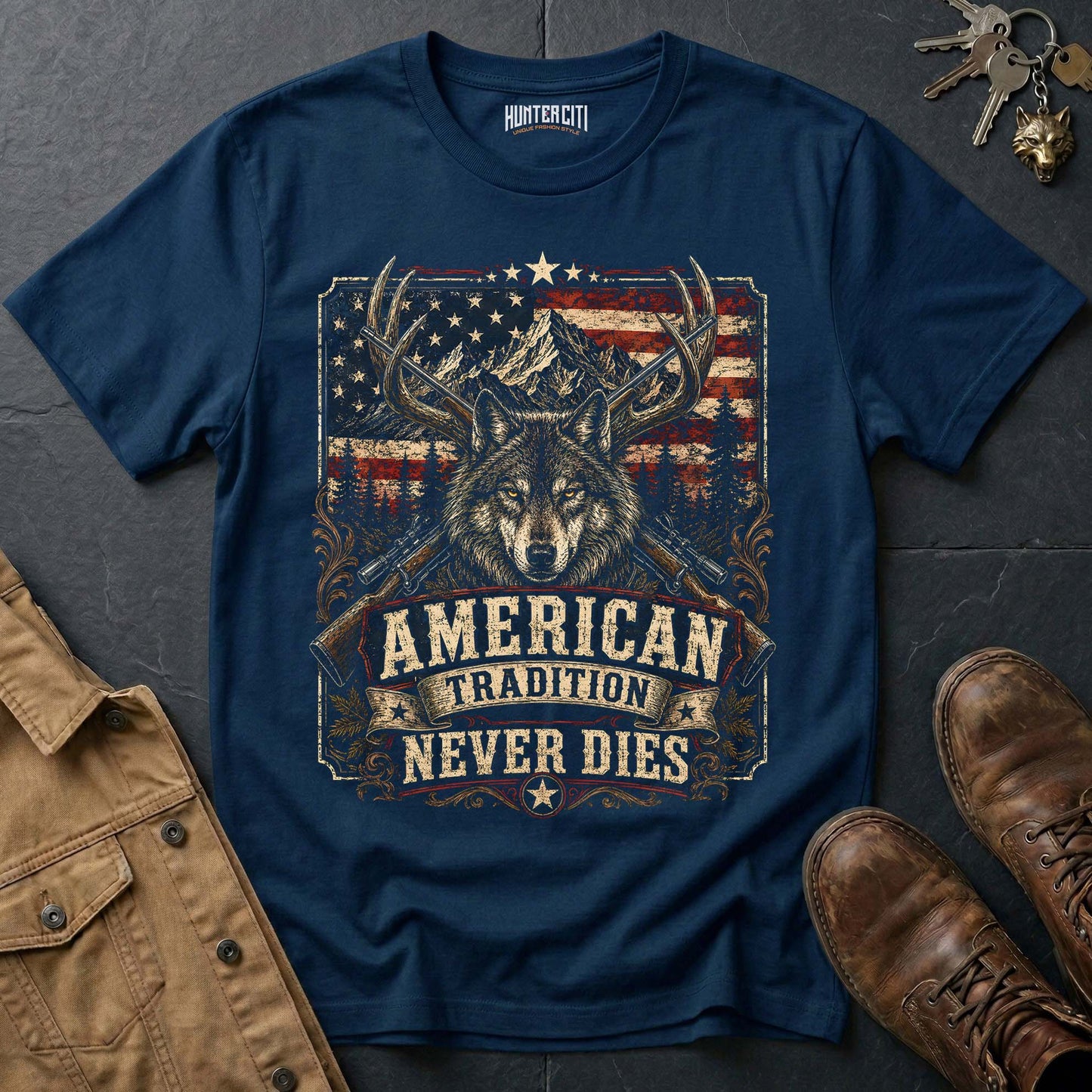American Tradition Never Dies Wolf Graphic Tee – Patriotic American T-Shirt