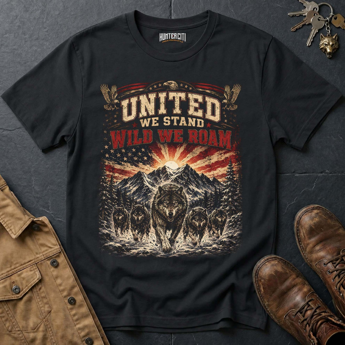 United We Stand Wild We Roam Wolf Graphic Tee – Patriotic American T-Shirt