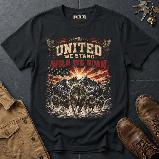 United We Stand Wild We Roam Wolf Graphic Tee – Patriotic American T-Shirt