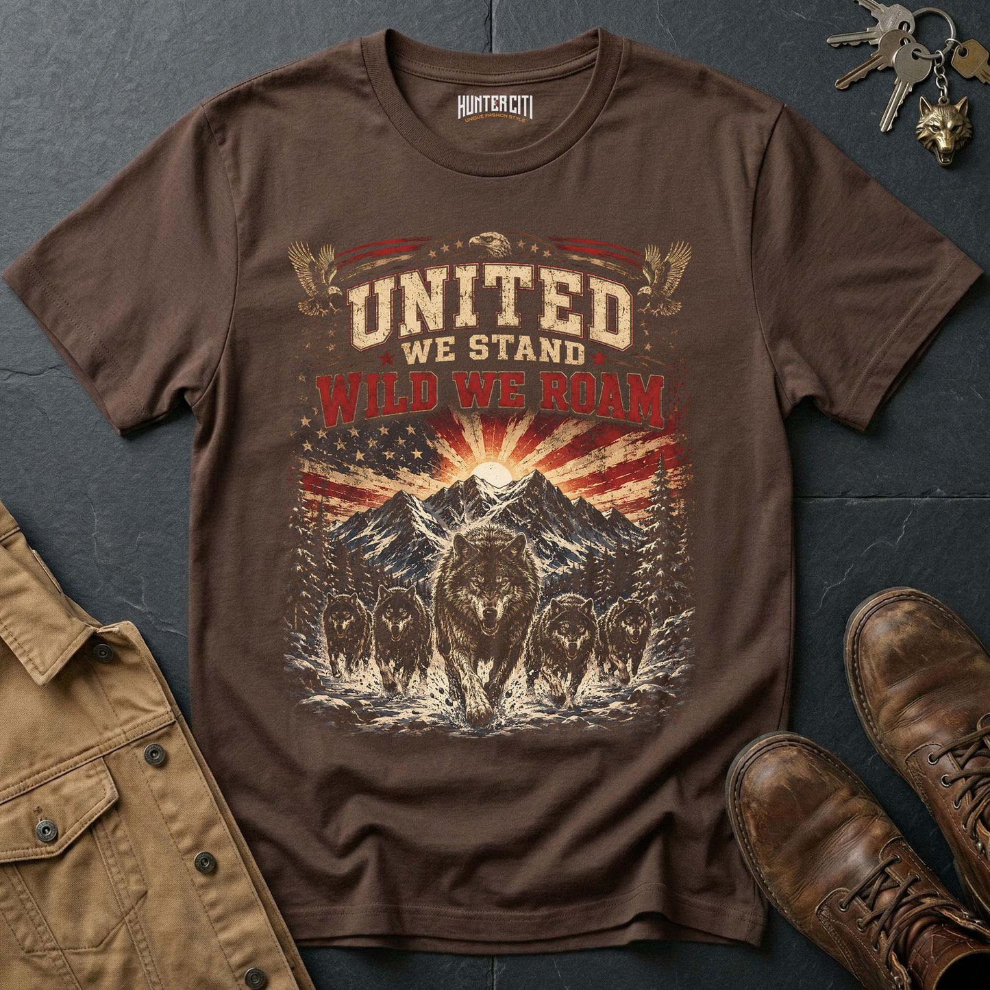 United We Stand Wild We Roam Wolf Graphic Tee – Patriotic American T-Shirt