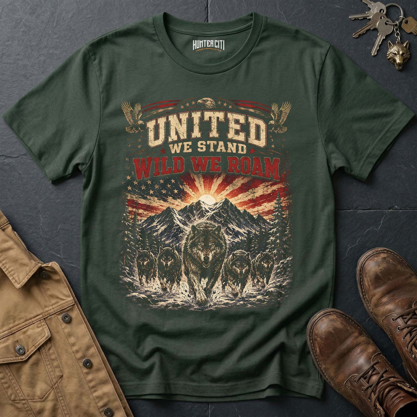 United We Stand Wild We Roam Wolf Graphic Tee – Patriotic American T-Shirt