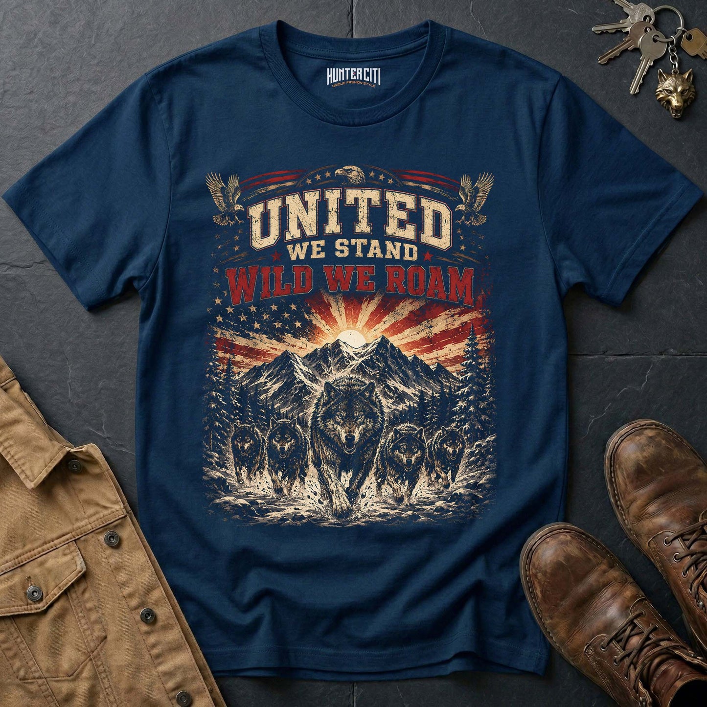 United We Stand Wild We Roam Wolf Graphic Tee – Patriotic American T-Shirt