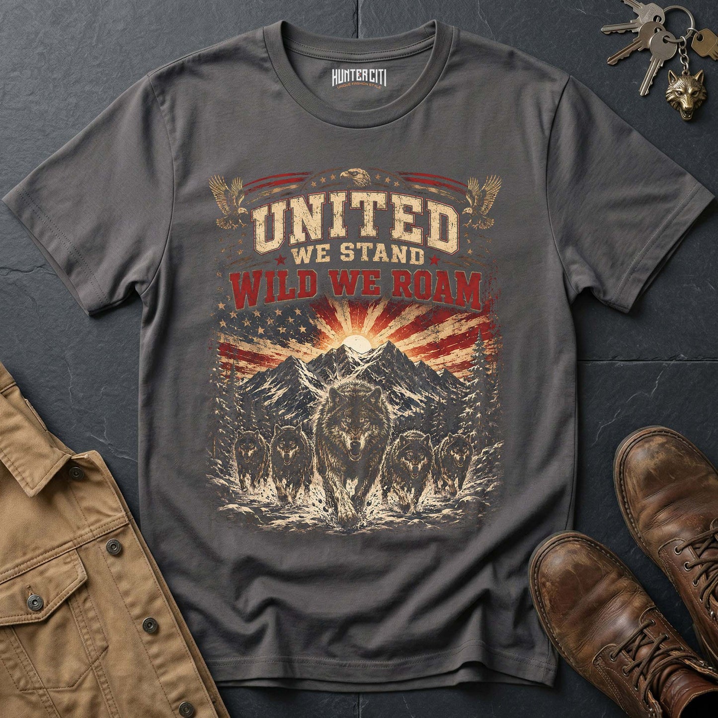 United We Stand Wild We Roam Wolf Graphic Tee – Patriotic American T-Shirt