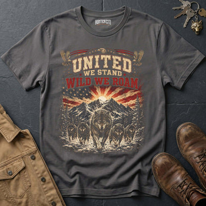 United We Stand Wild We Roam Wolf Graphic Tee – Patriotic American T-Shirt