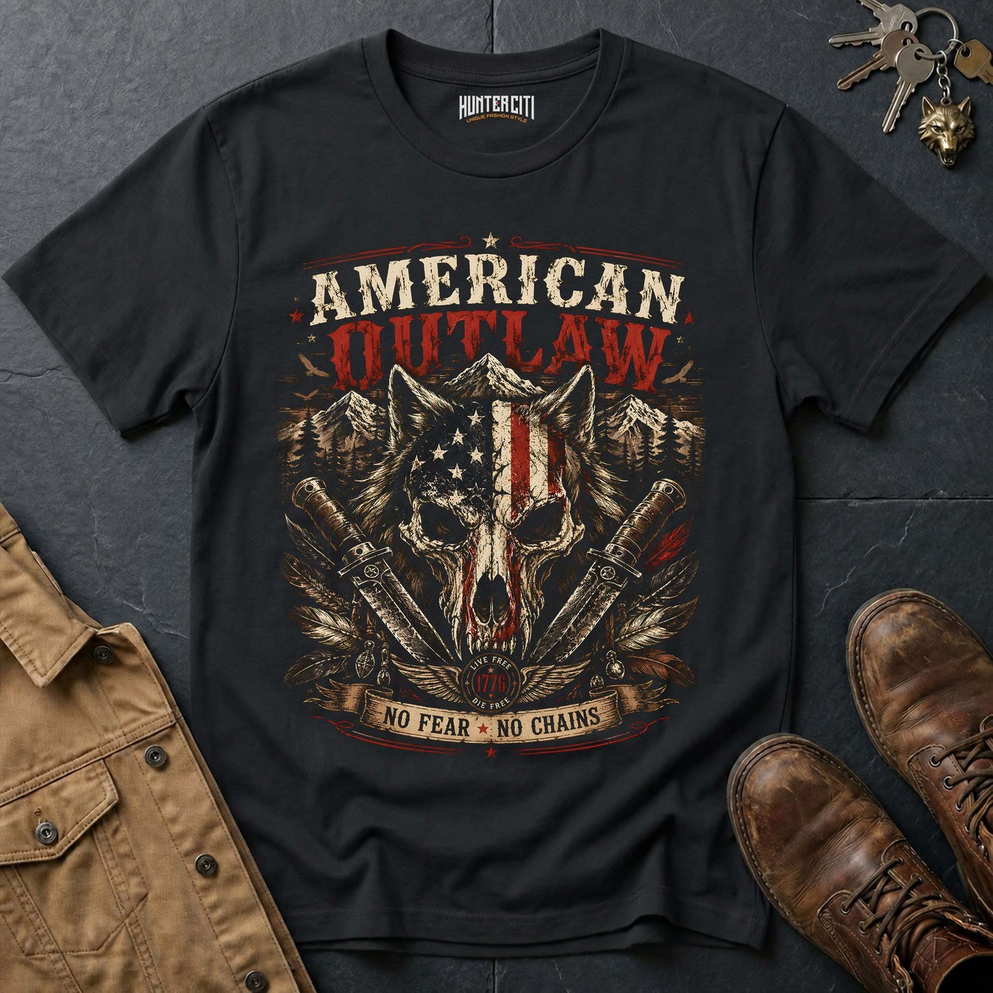 American Outlaw No Fear No Chains Wolf Graphic Tee – Patriotic American T-Shirt
