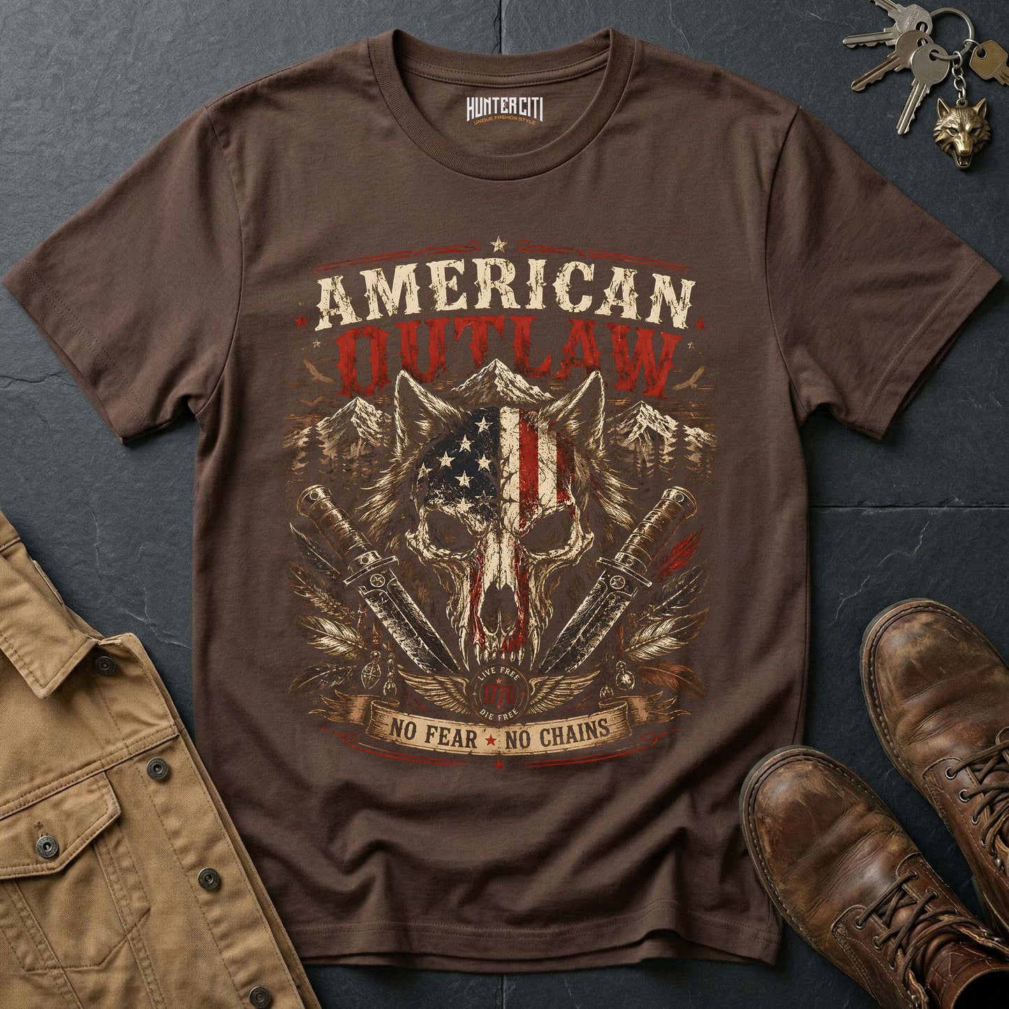American Outlaw No Fear No Chains Wolf Graphic Tee – Patriotic American T-Shirt