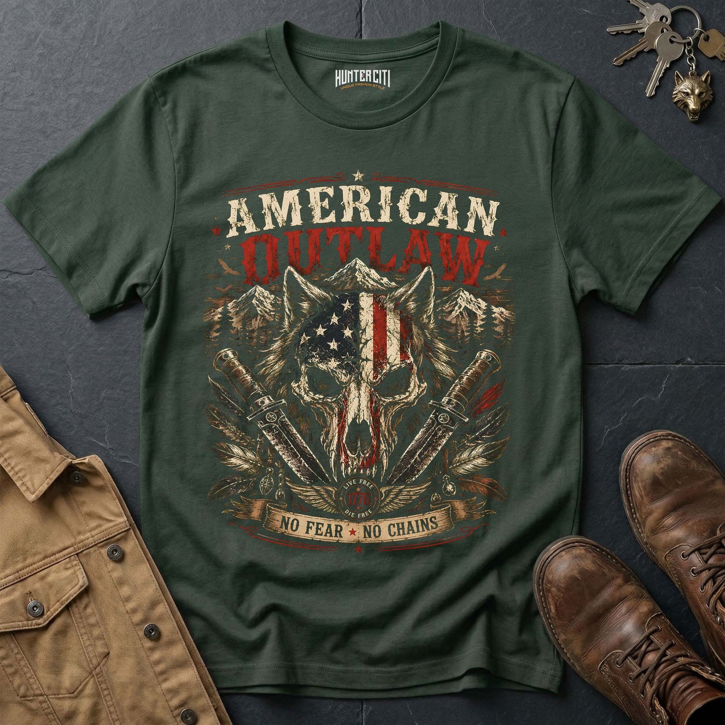 American Outlaw No Fear No Chains Wolf Graphic Tee – Patriotic American T-Shirt