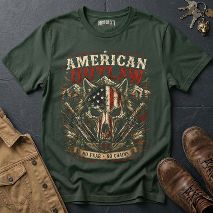 American Outlaw No Fear No Chains Wolf Graphic Tee – Patriotic American T-Shirt