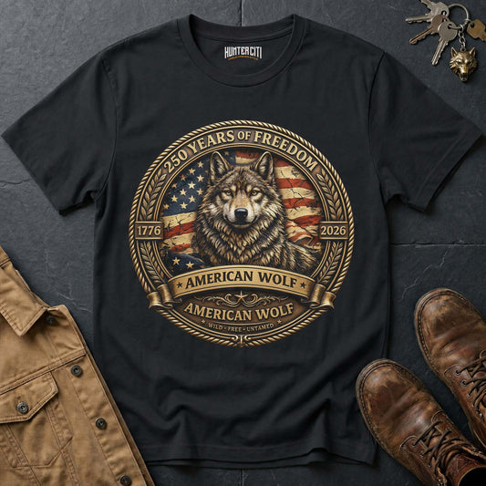 250 Years of Freedom American Wolf Badge T-Shirt - 1776 2026 Premium Gold Wolf Wild Free Untamed Anniversary USA Gift