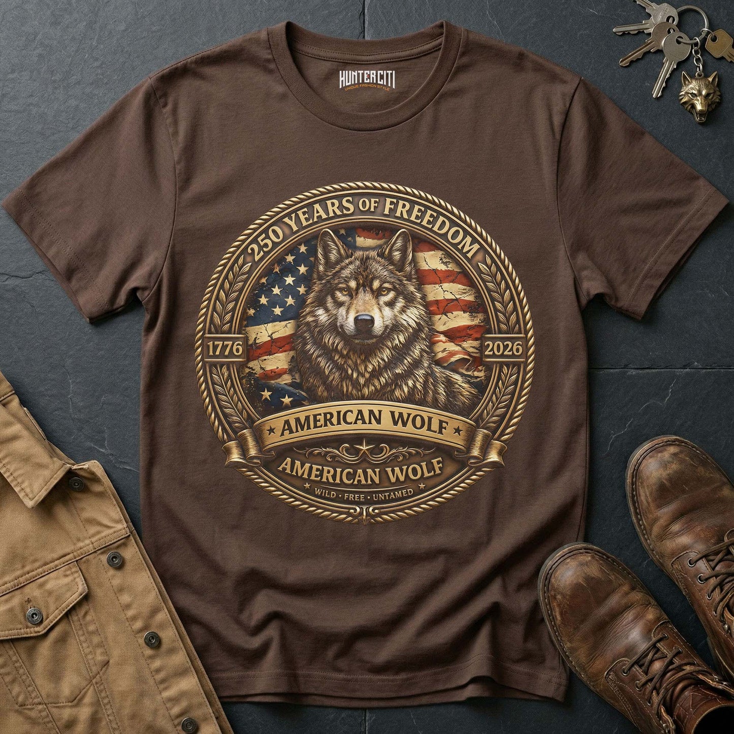 250 Years of Freedom American Wolf Badge T-Shirt - 1776 2026 Premium Gold Wolf Wild Free Untamed Anniversary USA Gift